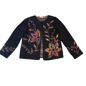 Choices Black Embroidered Appliques Open Front Long Sleeve Jacket PMED EUC
